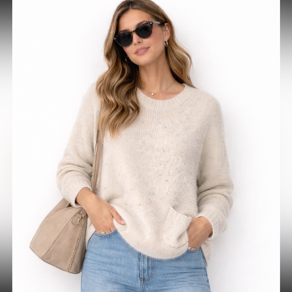 FOREVER 21 IVORY RAINBOW SPECKLE EYELASH FLUFFY TUNIC LONG SLEEVE SWEATER L NWT